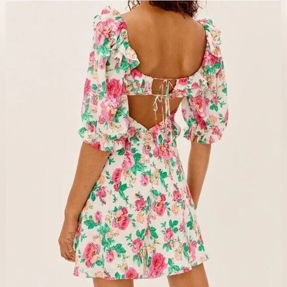 For Love & Lemons Loretta Mini Dress Floral Puff Sleeve Cutout M - Picture 9 of 10